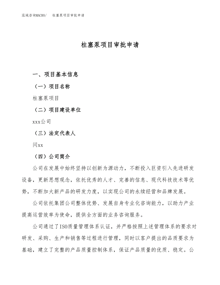 柱塞泵项目审批申请（总投资19000万元）.docx_第1页