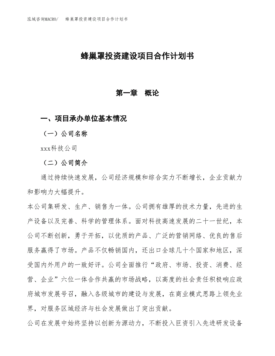 蜂巢罩投资建设项目合作计划书（样本）_第1页