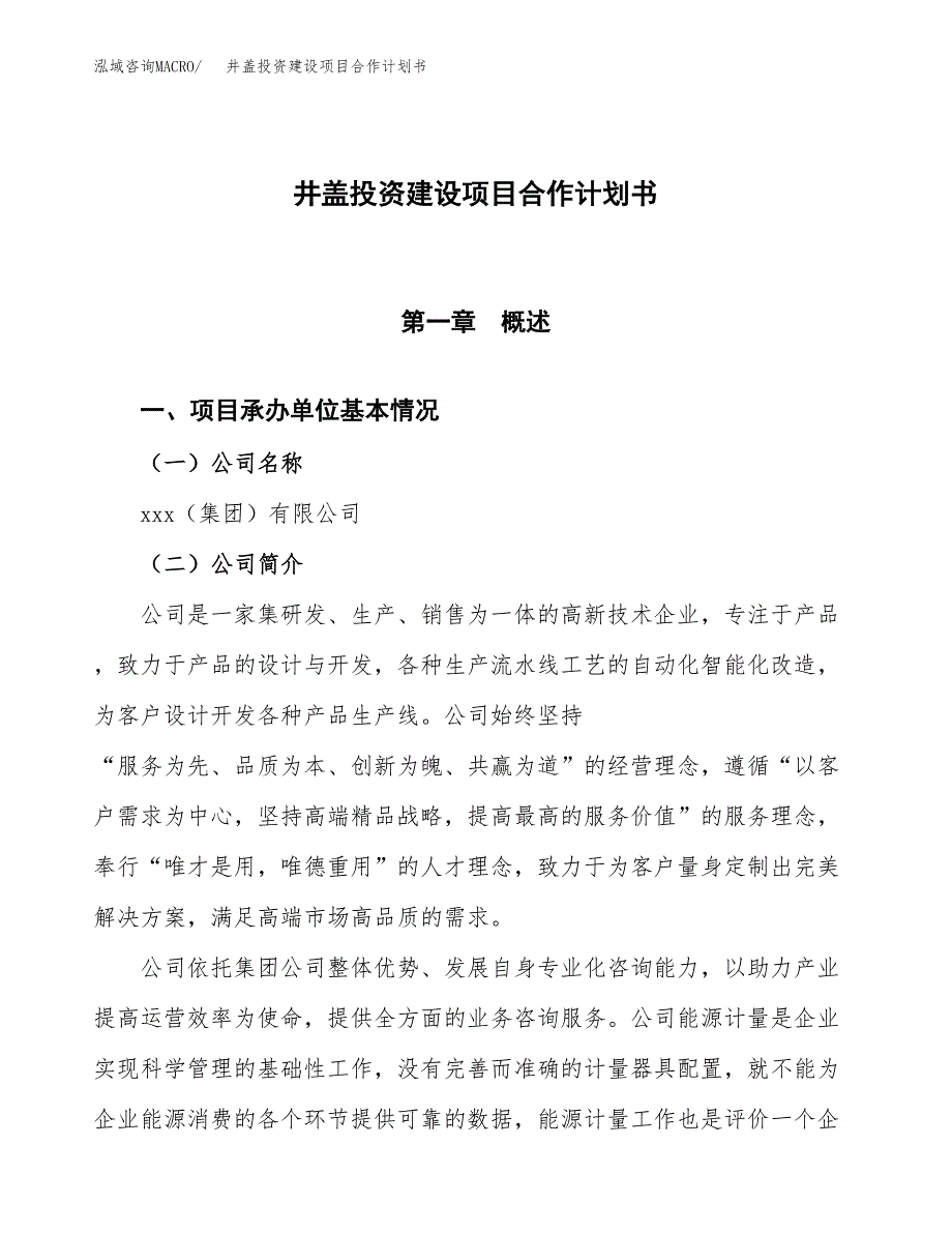 井盖投资建设项目合作计划书（样本）_第1页