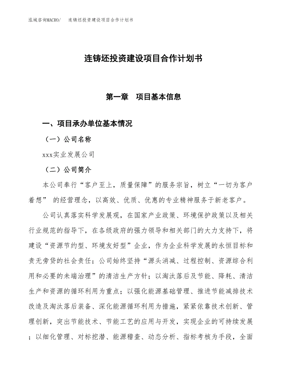 连铸坯投资建设项目合作计划书（样本）_第1页