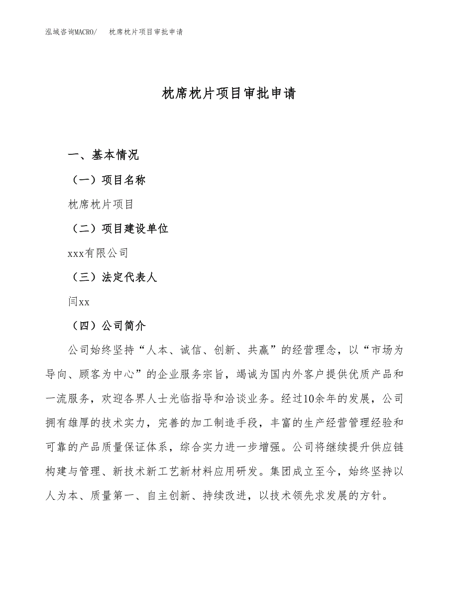 枕席枕片项目审批申请（总投资4000万元）.docx_第1页