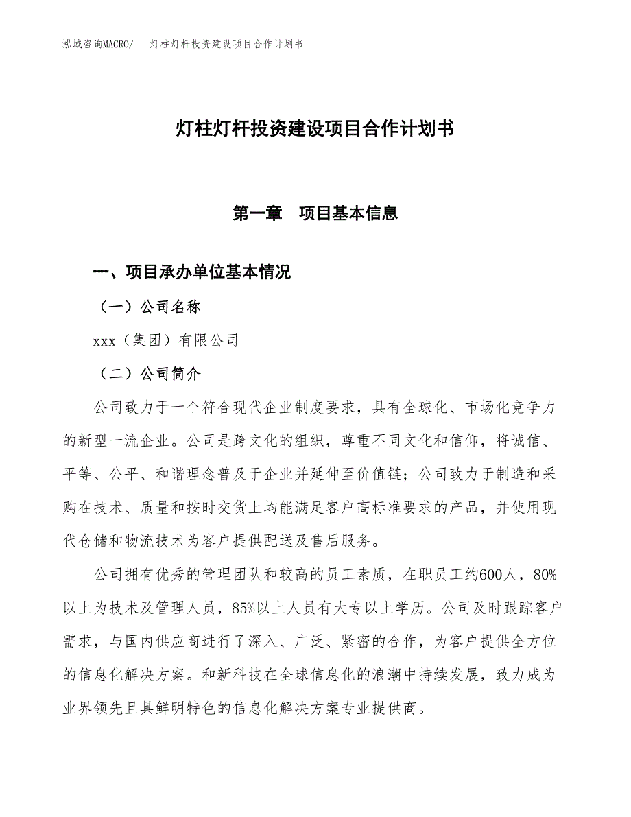 灯柱灯杆投资建设项目合作计划书（样本）_第1页