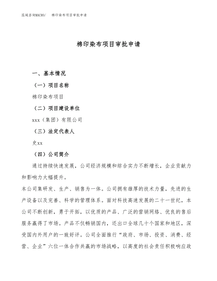 棉印染布项目审批申请（总投资13000万元）.docx_第1页