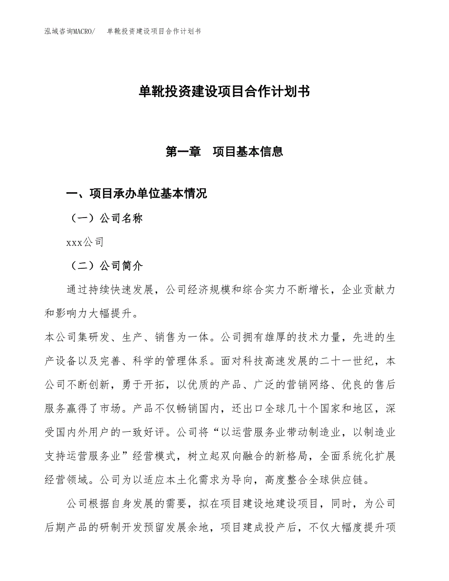 单靴投资建设项目合作计划书（样本）_第1页