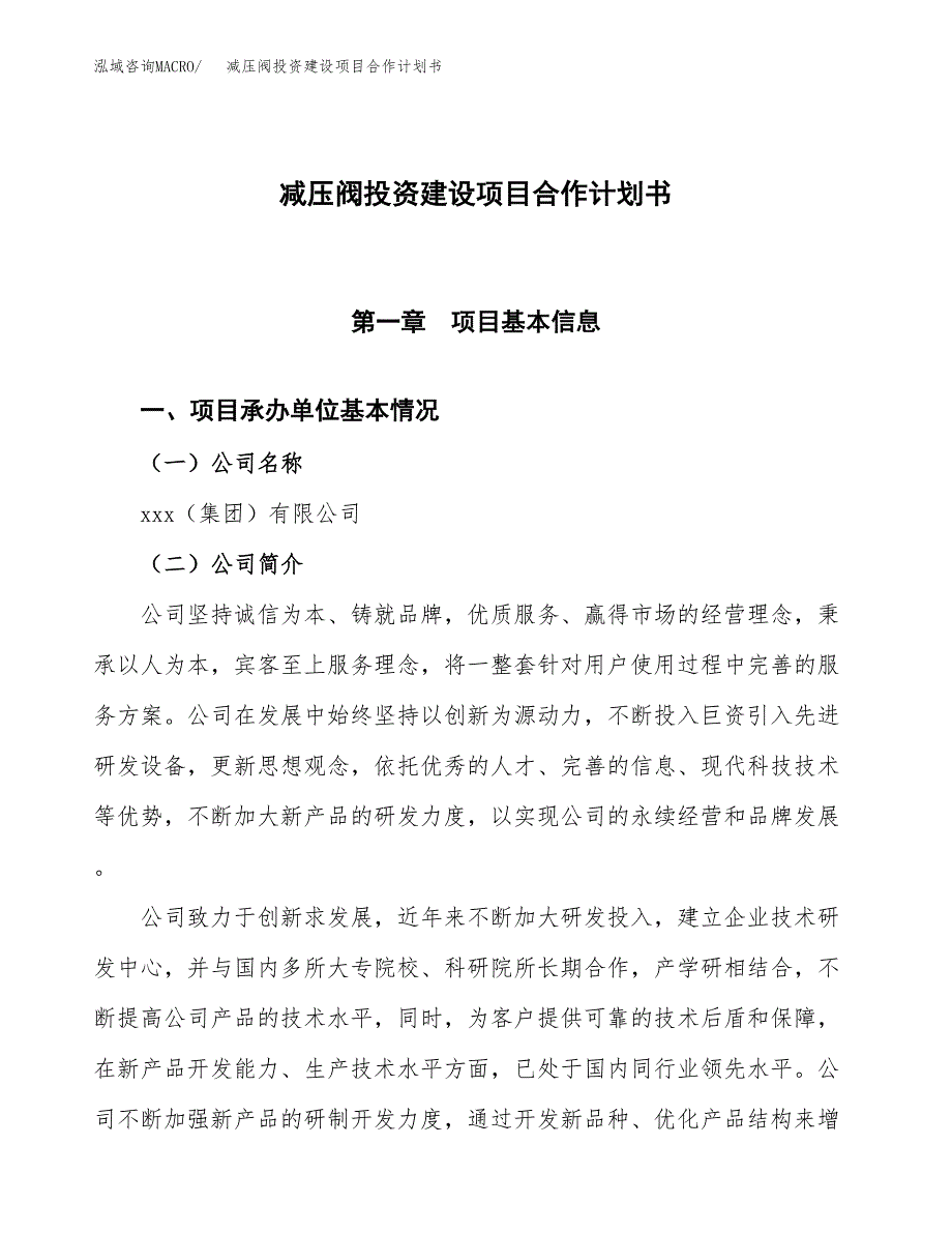 减压阀投资建设项目合作计划书（样本）_第1页