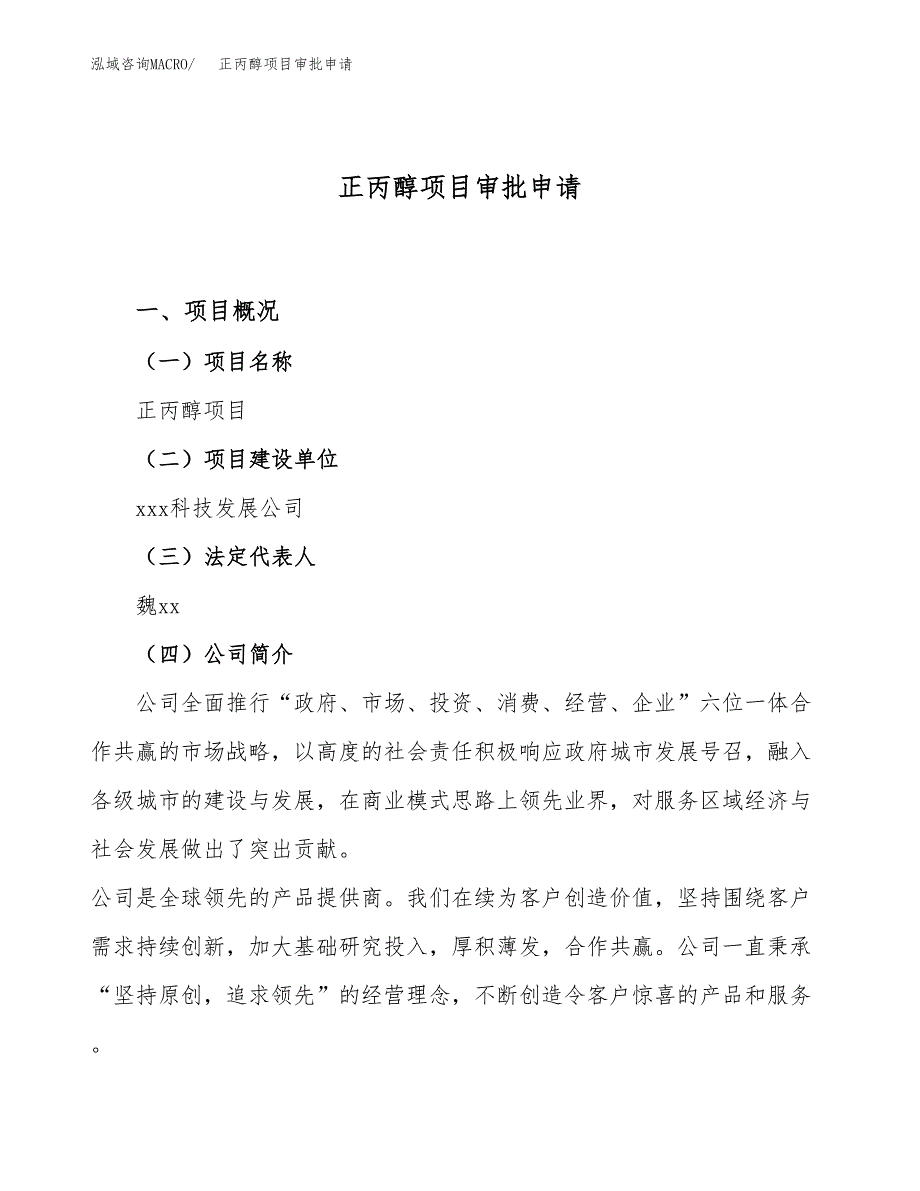 正丙醇项目审批申请（总投资4000万元）.docx_第1页