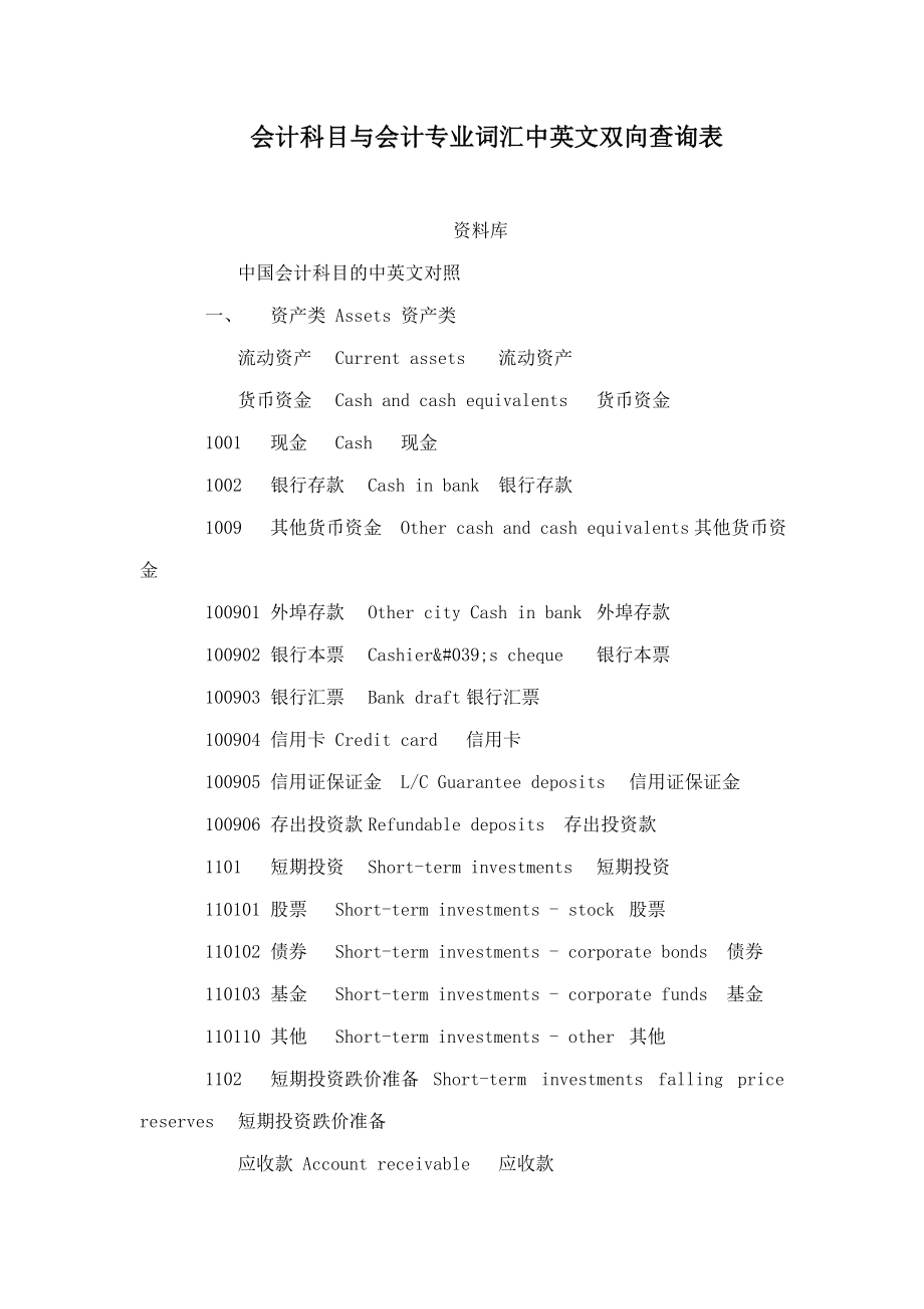 会计科目与会计专业词汇中英文双向查询表_第1页