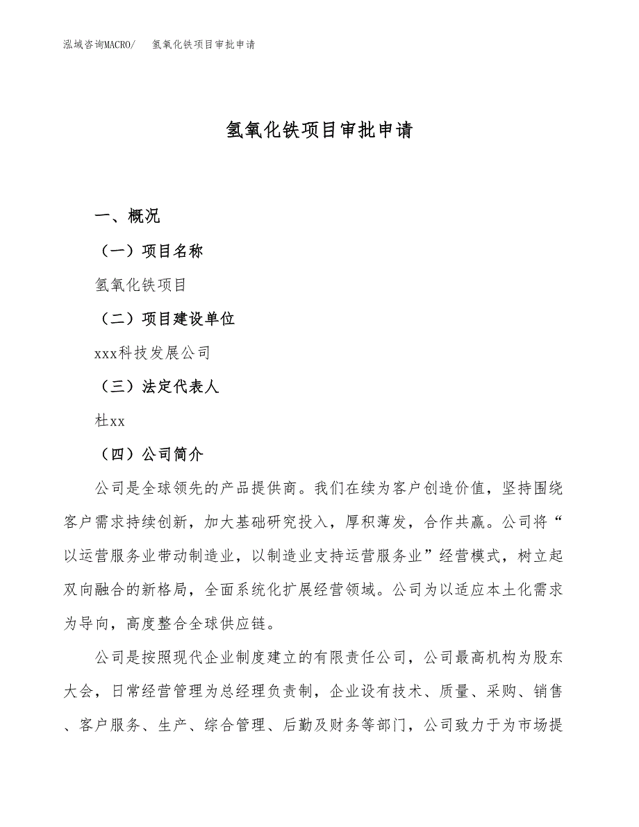 氢氧化铁项目审批申请（总投资21000万元）.docx_第1页