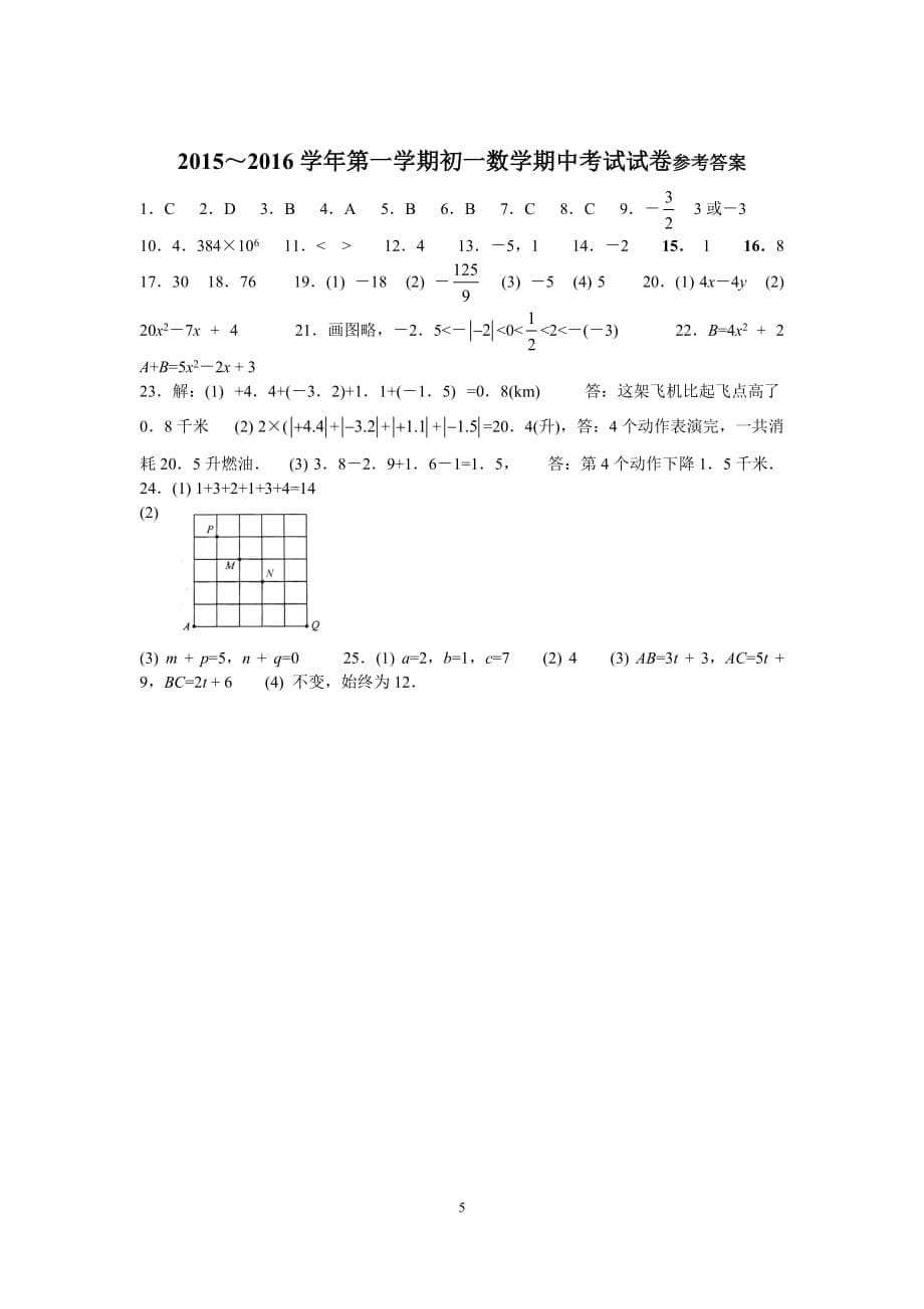 2015～2016学年第一学期初一数学期中考试试题及答案_第5页