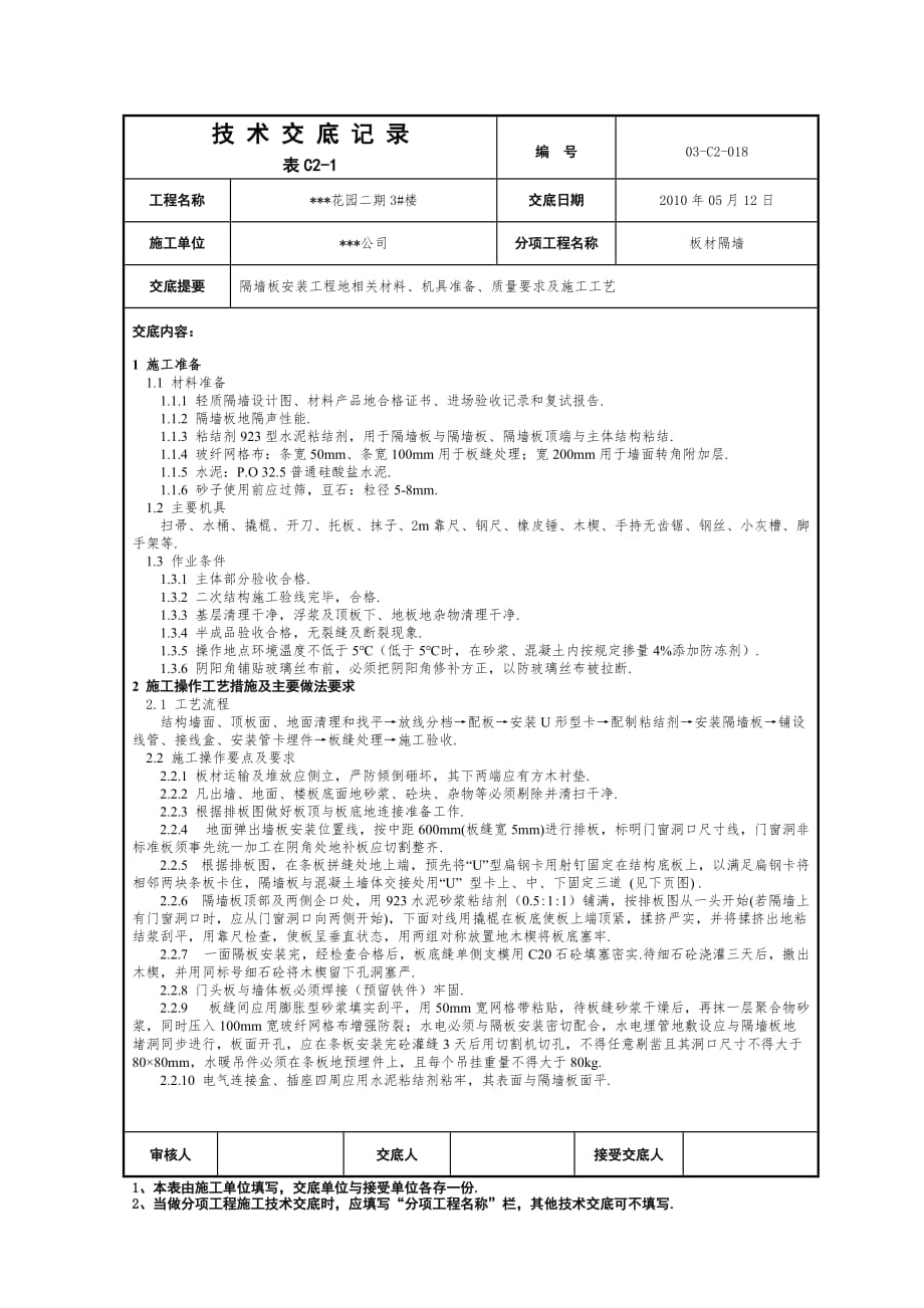 装饰装修隔墙板安装技术交底_第1页