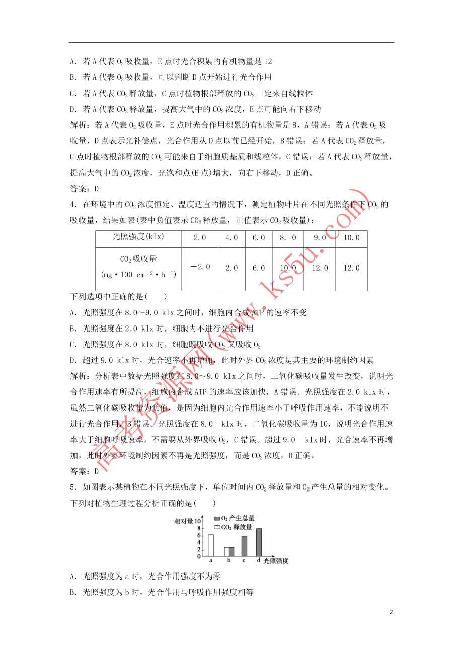 2019版高考生物一轮复习第一部分 第三单元 细胞的能量供应和利用 第10讲 光合作用与细胞呼吸的综合（提升课）练习 新人教版_第2页