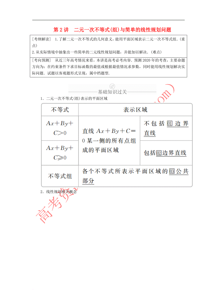 2020版高考数学一轮复习第6章 不等式 第2讲 二元一次不等式（组）与简单的线性规划问题讲义 理（含解析）_第1页