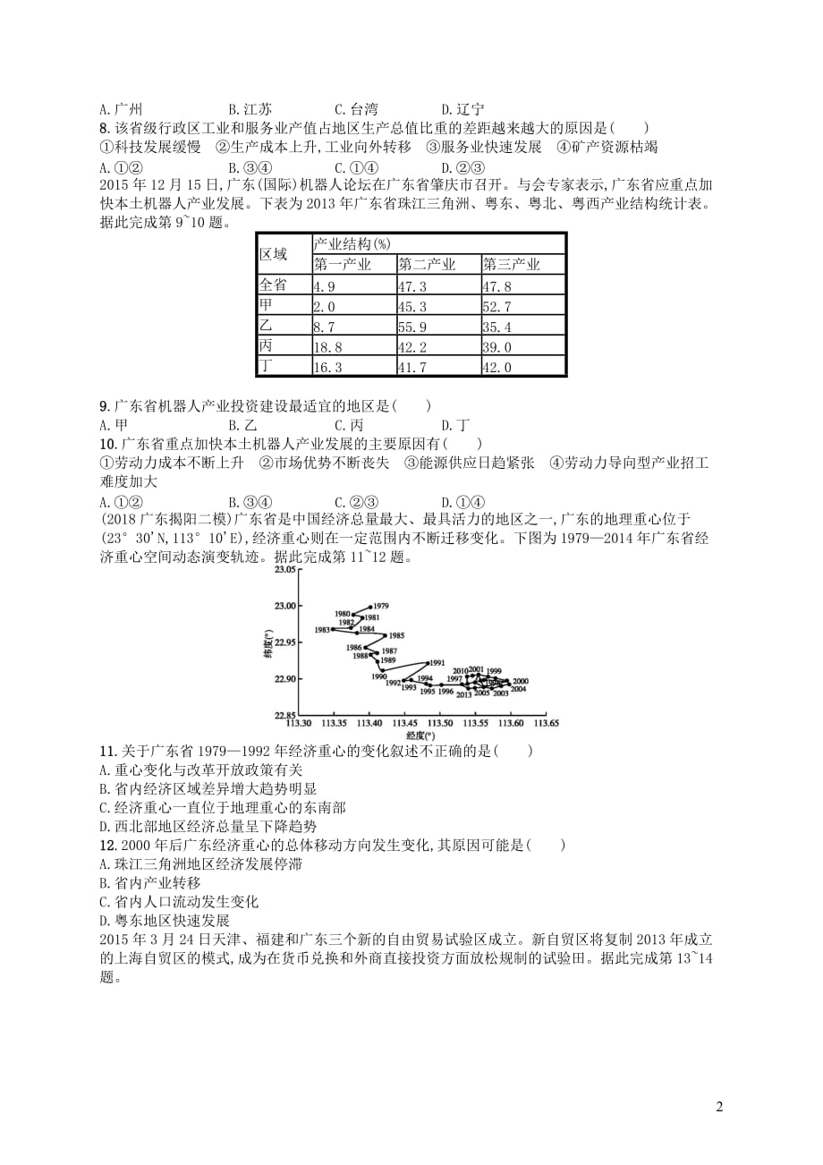 2020版高考地理大一轮复习第十一章 区域可持续发展 课时规范练34 中国江苏省工业化和城市化的探索 中图版_第2页