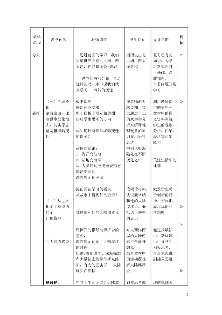 七年级地理上册 2.2《海陆的变迁》教学设计 （新版）新人教版_第2页