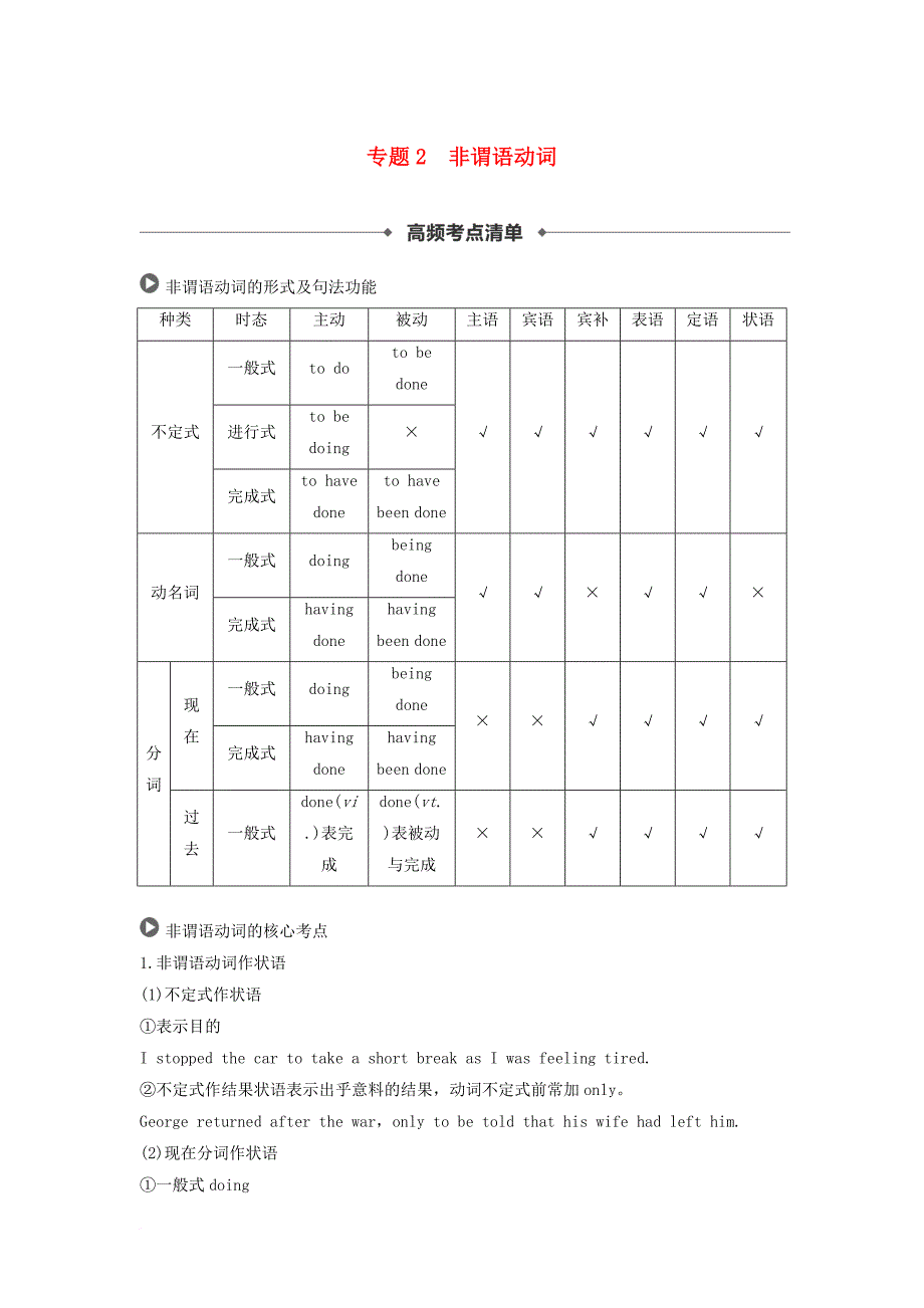 2019高考英语语法突破四大篇 第一部分 专题2 非谓语动词讲义_第1页