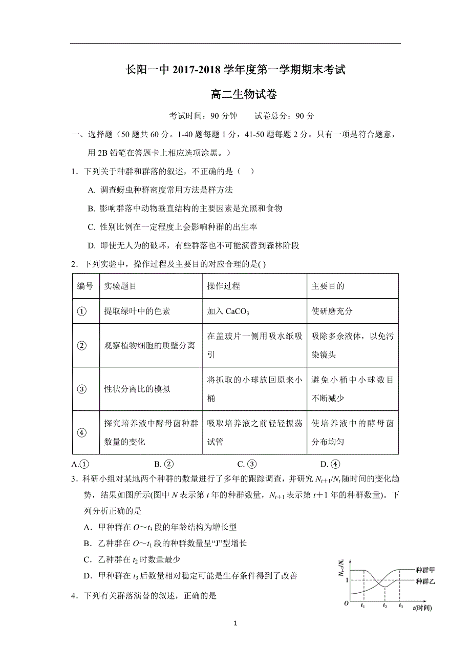 湖北省长阳县第一高级中学17—18学学年上学期高二期末考试生物试题（附答案）.doc_第1页