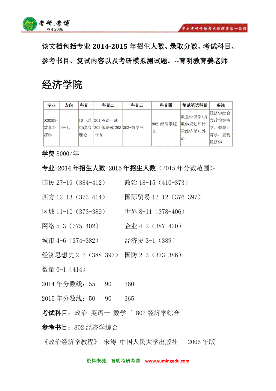 中国人民大学数量经济学考研参考书分数线学费_第1页