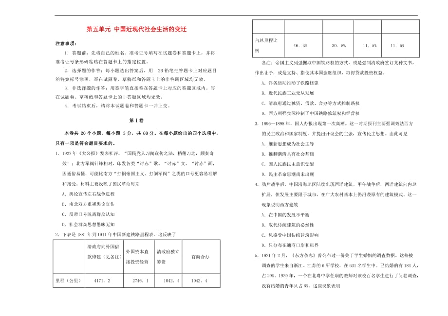 2019高中历史第五单元 中国近现代社会生活的变迁单元测试（二）新人教版必修2_第1页