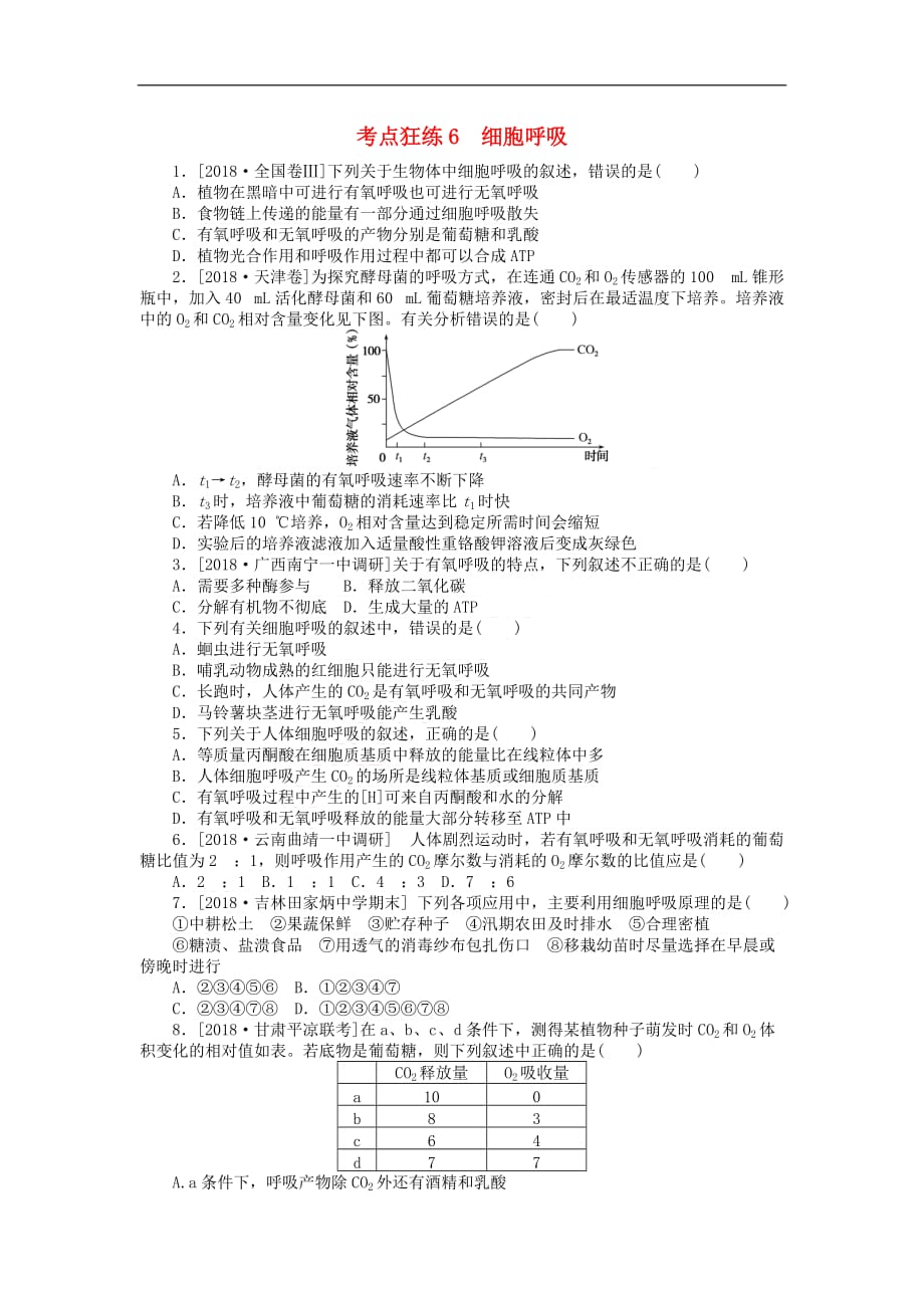 2019高考生物二轮复习考点狂练6 细胞呼吸_第1页