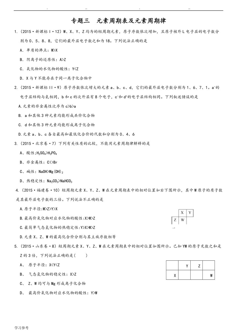 2015_2018年元素周期表高考真题[附答案]_第1页