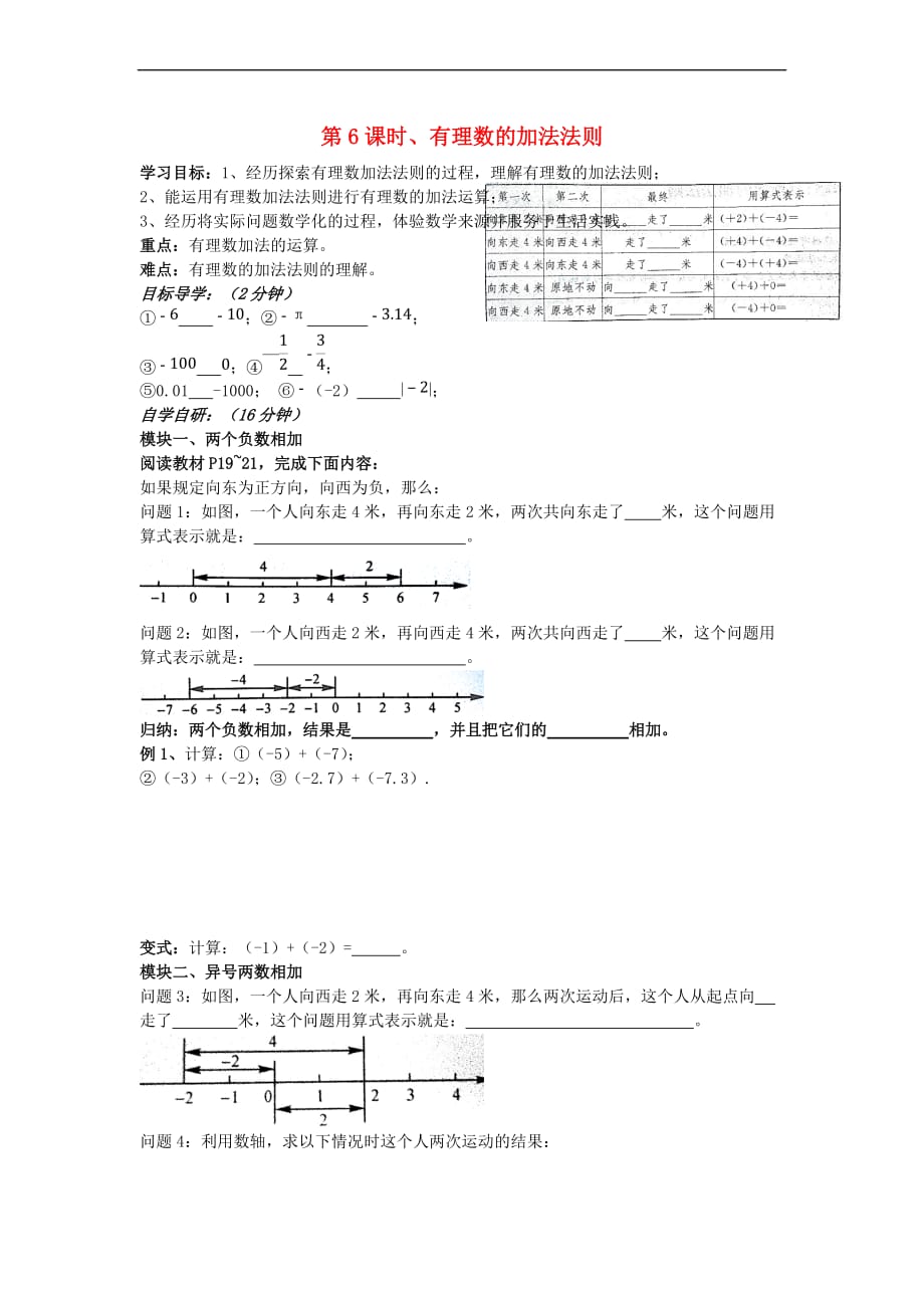 七年级数学上册第6课时 有理数的加法法则导学案（无答案）（新版）湘教版_第1页