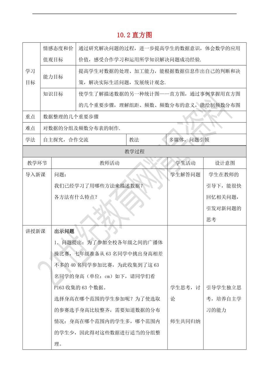 七年级数学下册 10.2 直方图教学设计 （新版）新人教版_第1页