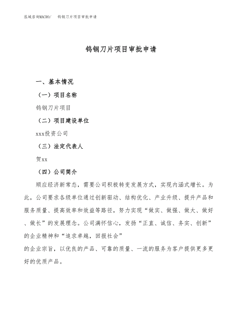 钨钢刀片项目审批申请（总投资17000万元）.docx_第1页