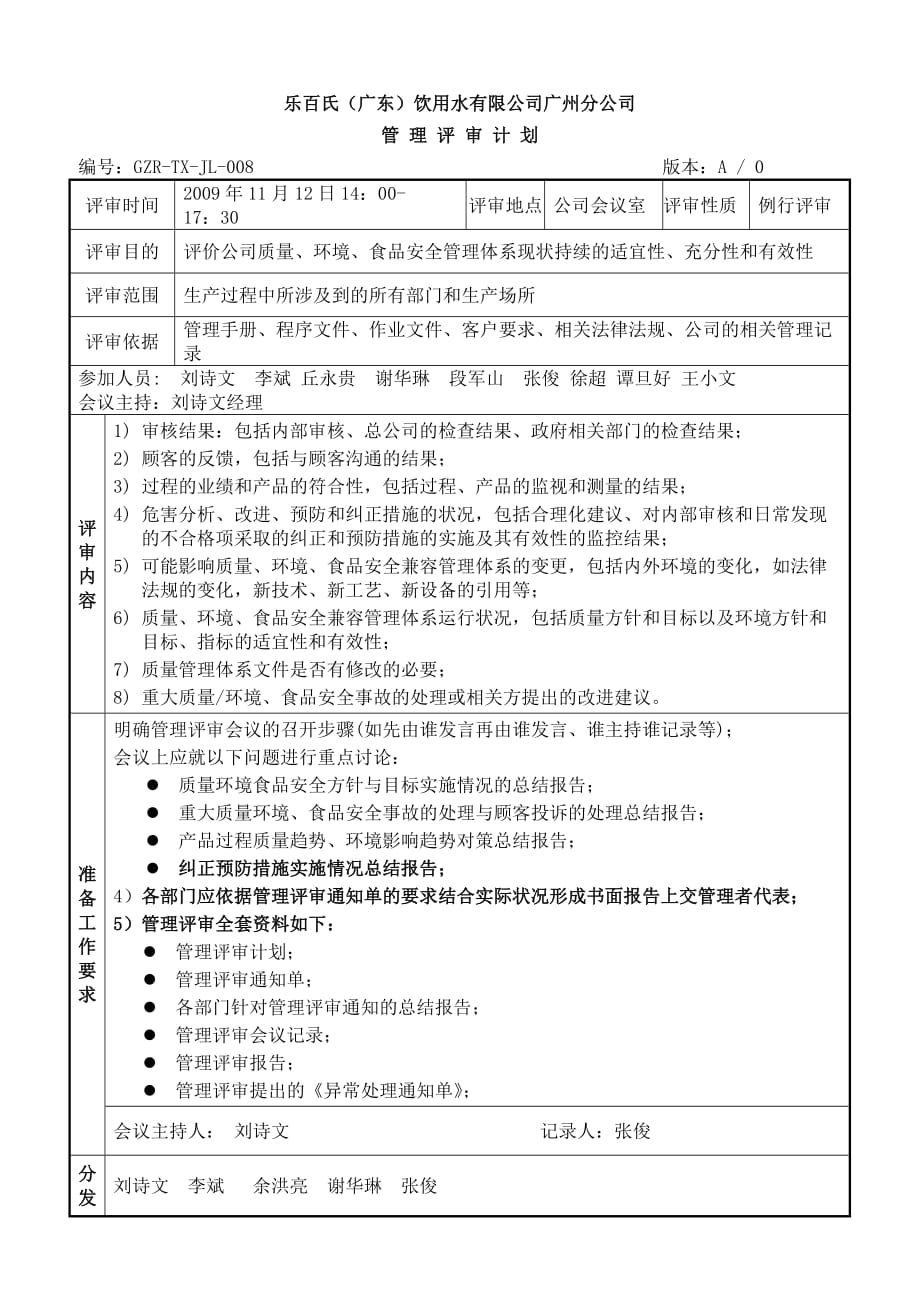 2019年乐百氏公司管理评审计划.精品_第1页
