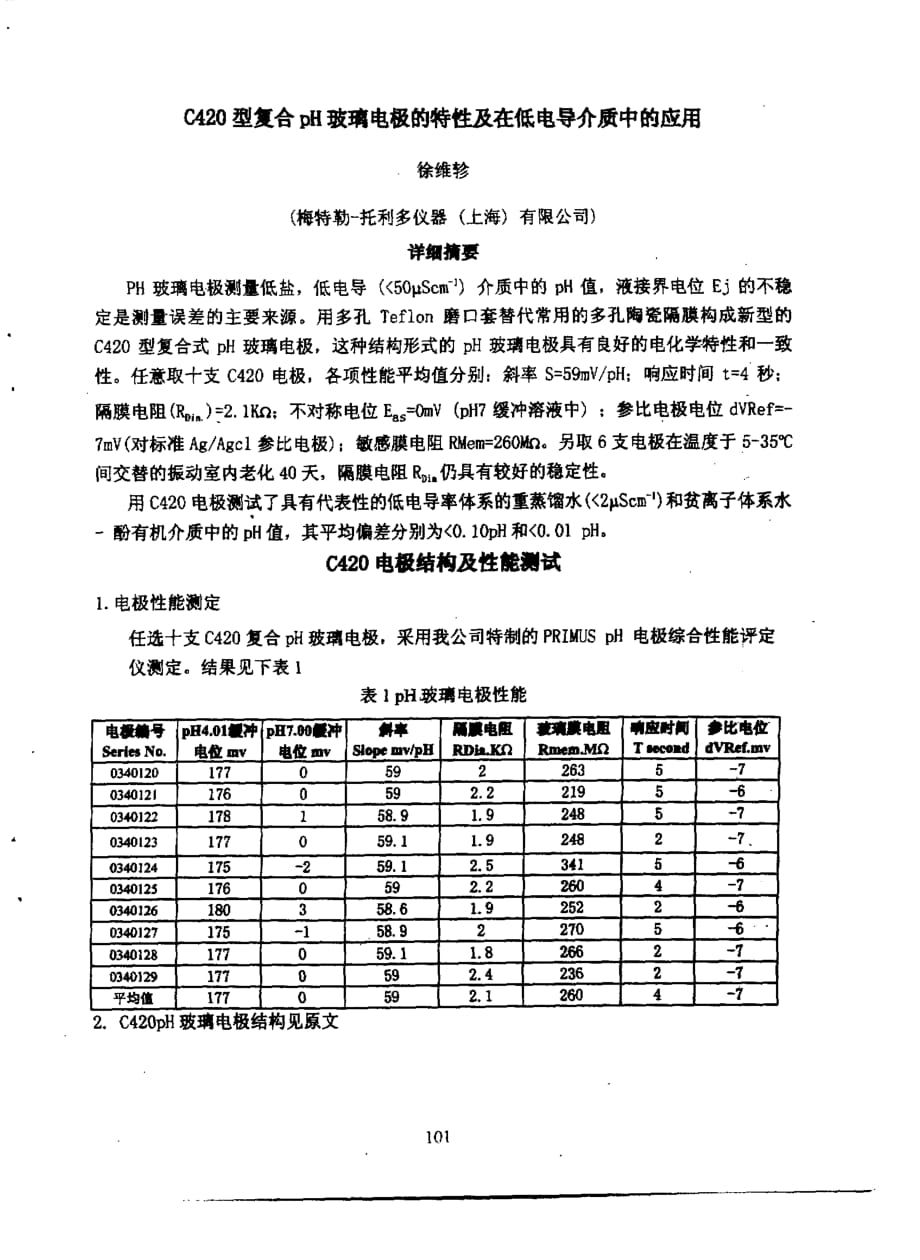 c420型复合ph玻璃电极的特性及在低电导介质中的应用_第1页