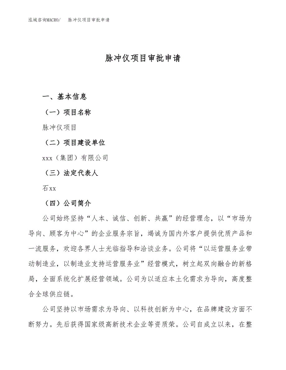 脉冲仪项目审批申请（总投资4000万元）.docx_第1页