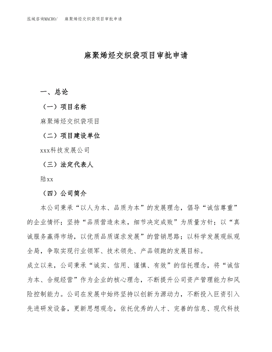 麻聚烯烃交织袋项目审批申请（总投资15000万元）.docx_第1页