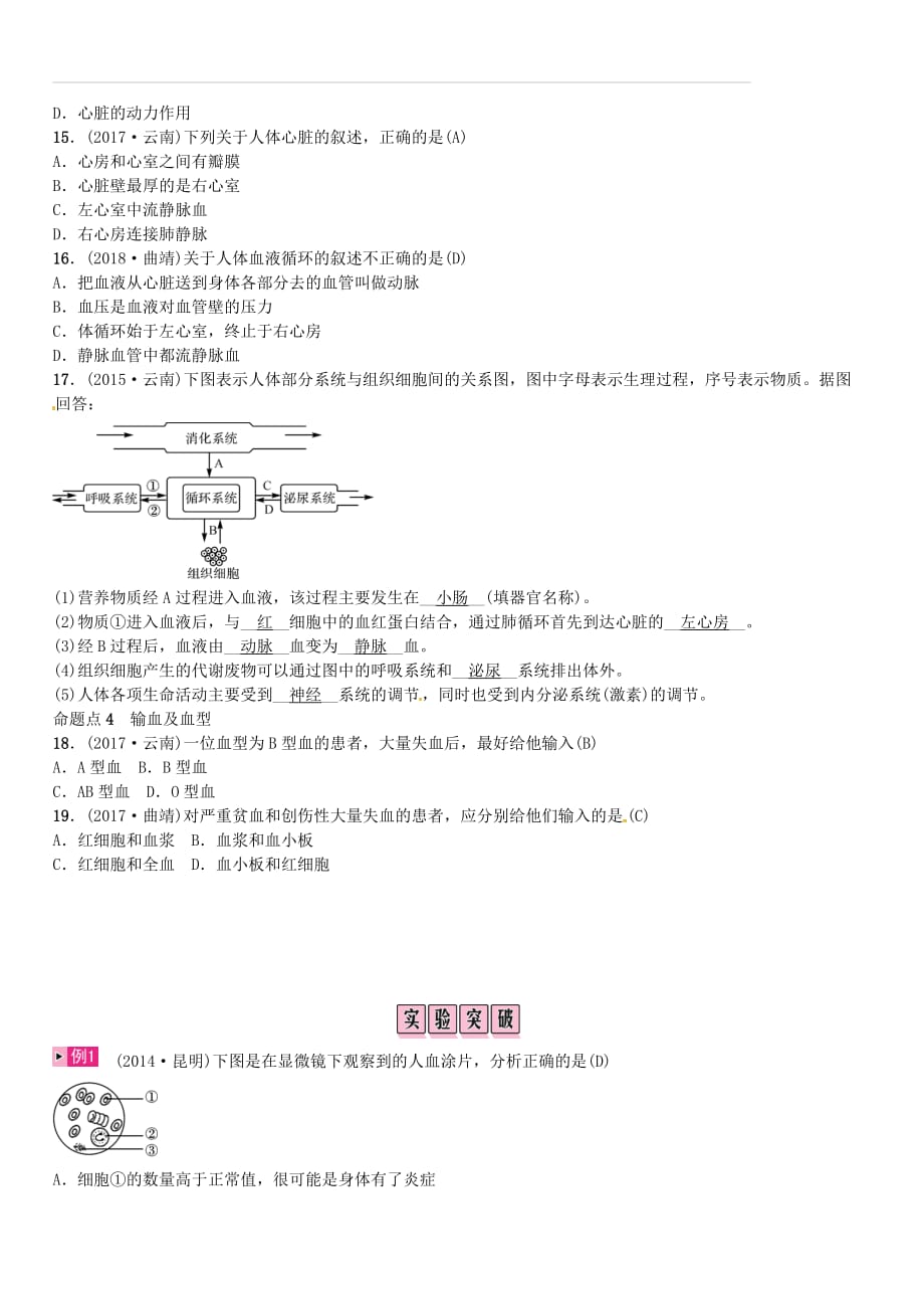 云南专版2019届中考生物教材考点梳理第10课时人体内物质的运输（含答案）_第3页