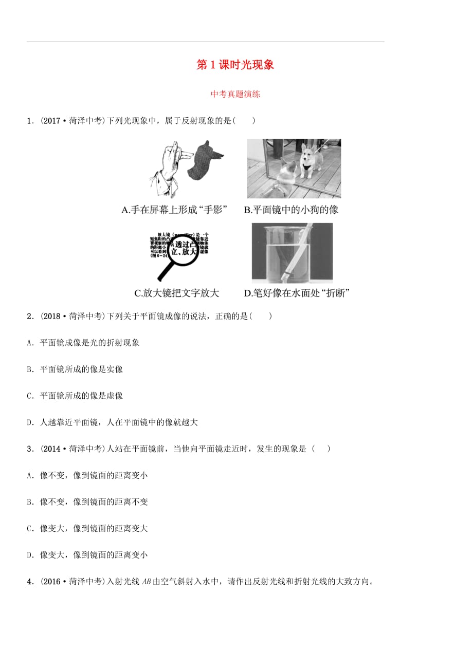 2019中考物理一轮复习03在光的世界里第1课时光现象真题演练（附答案）_第1页