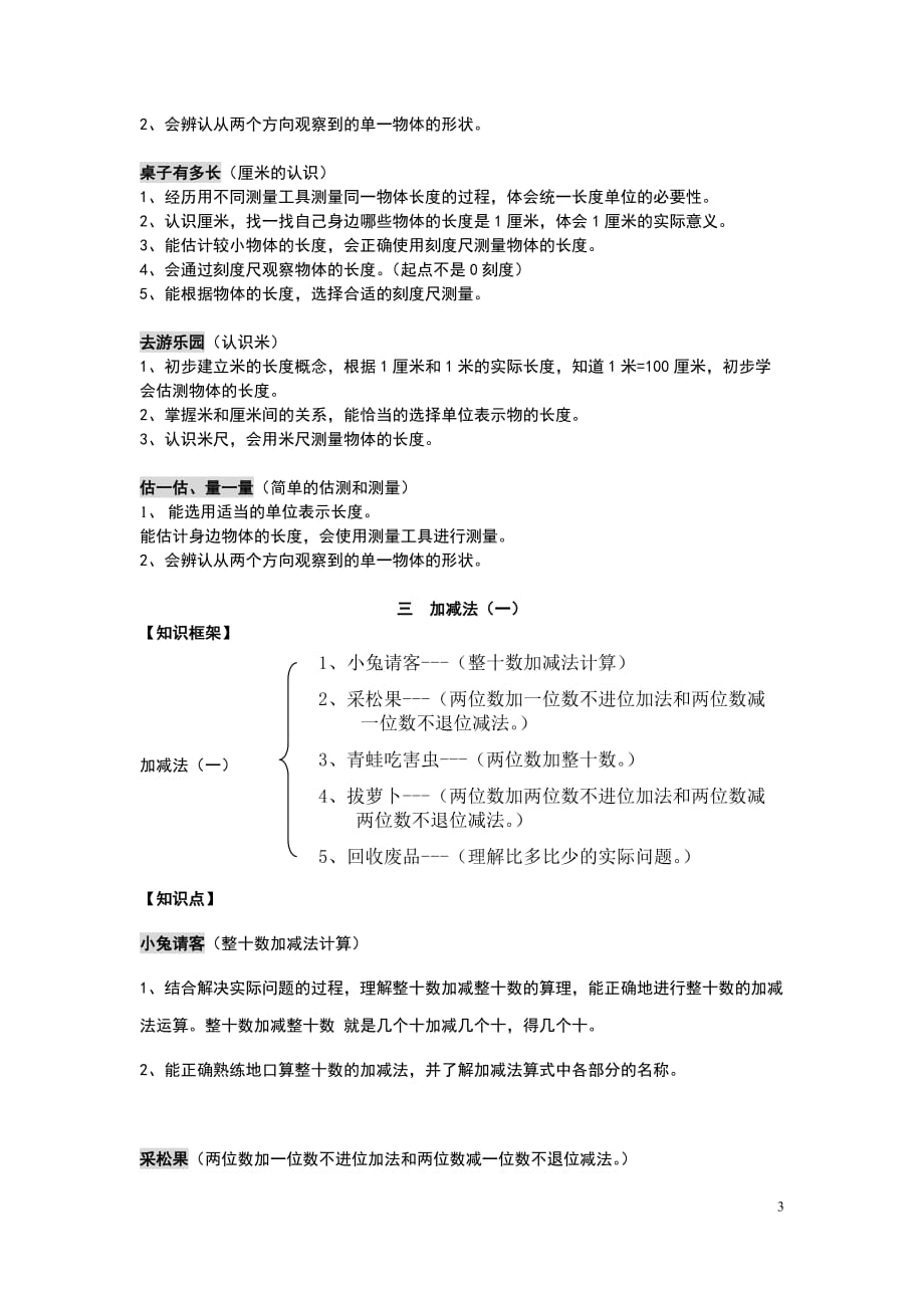 北师大版小学一年级数学下册知识点整理汇总及复习要点_第3页