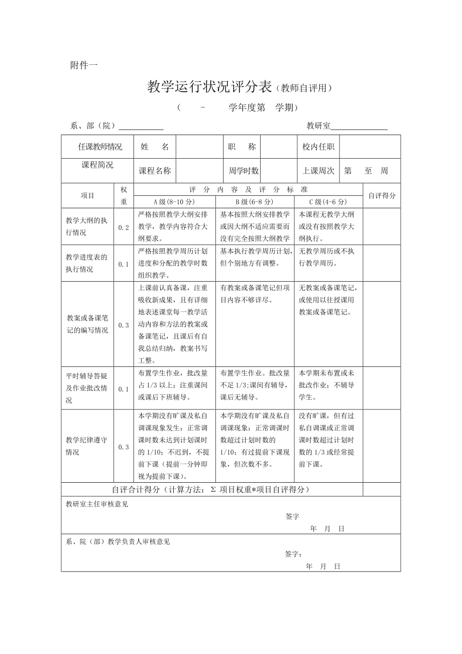 教学运行状况评分表(老师自评用)_第1页