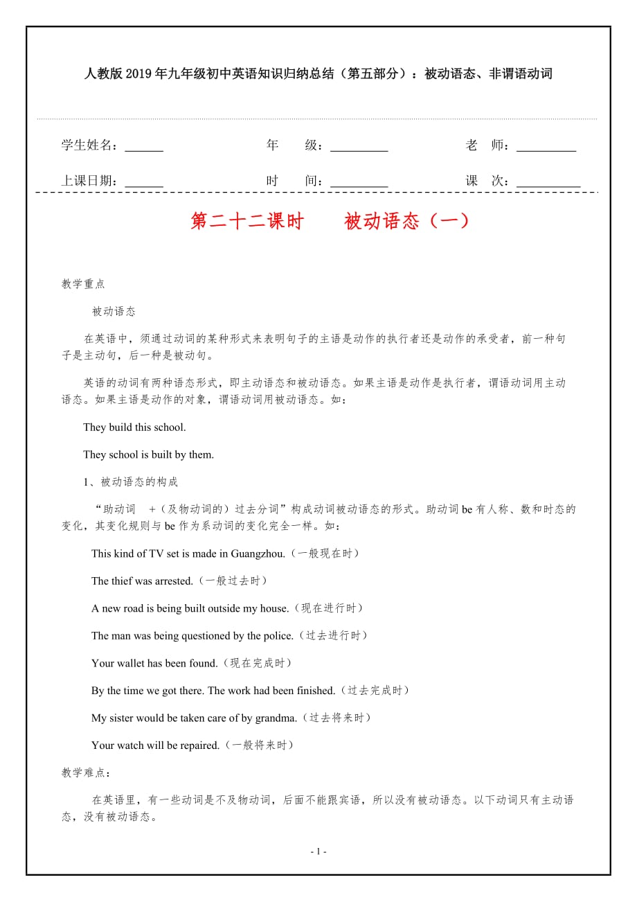 人教版2019年九年级初中英语知识归纳总结（第五部分）：被动语态、非谓语动词_第1页