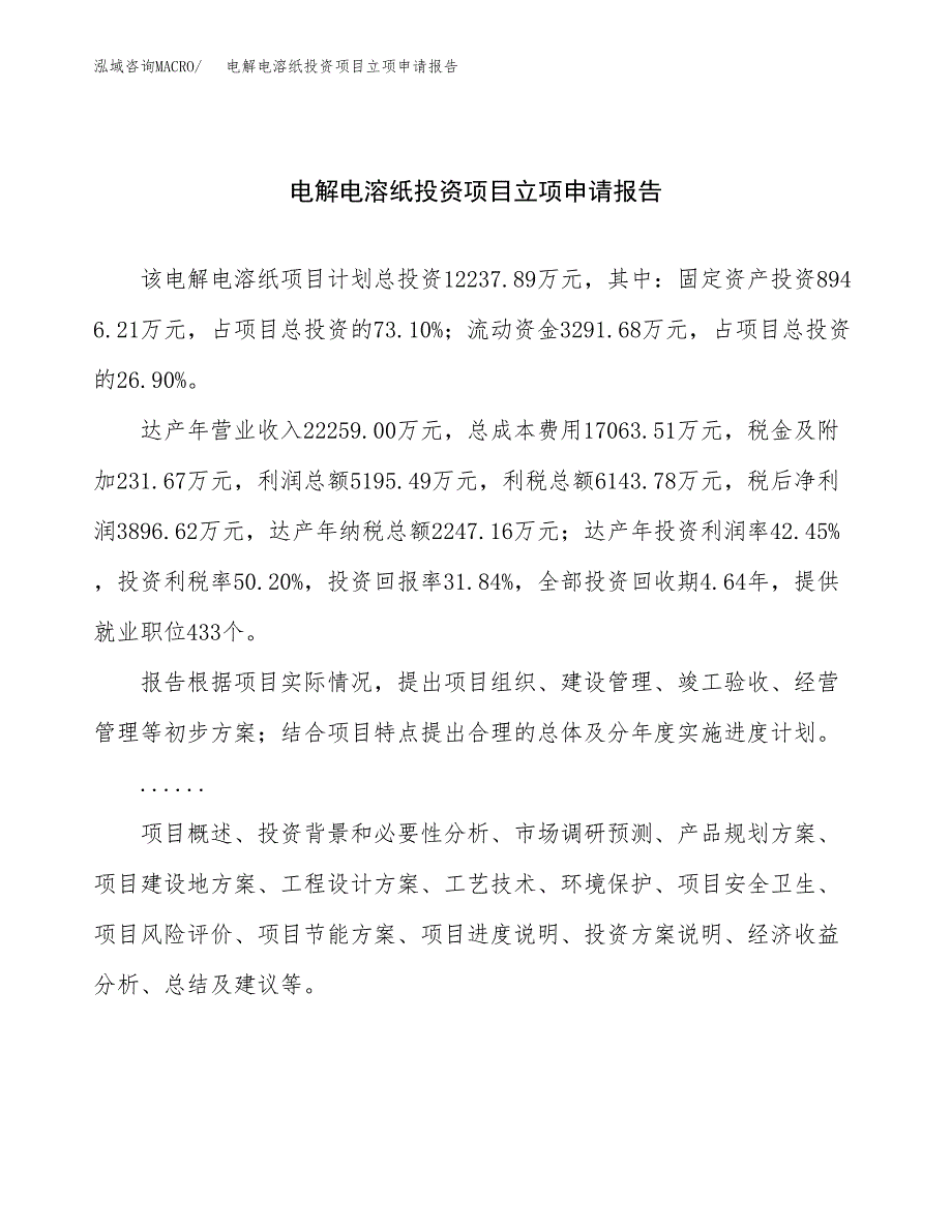 关于建设电解电溶纸投资项目立项申请报告.docx_第1页