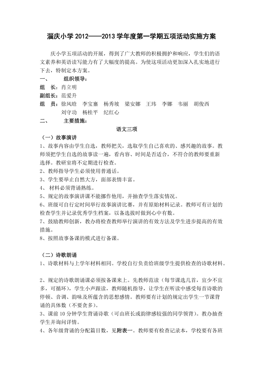 淄庆小学20122013五项活动实施方案(1)_第1页