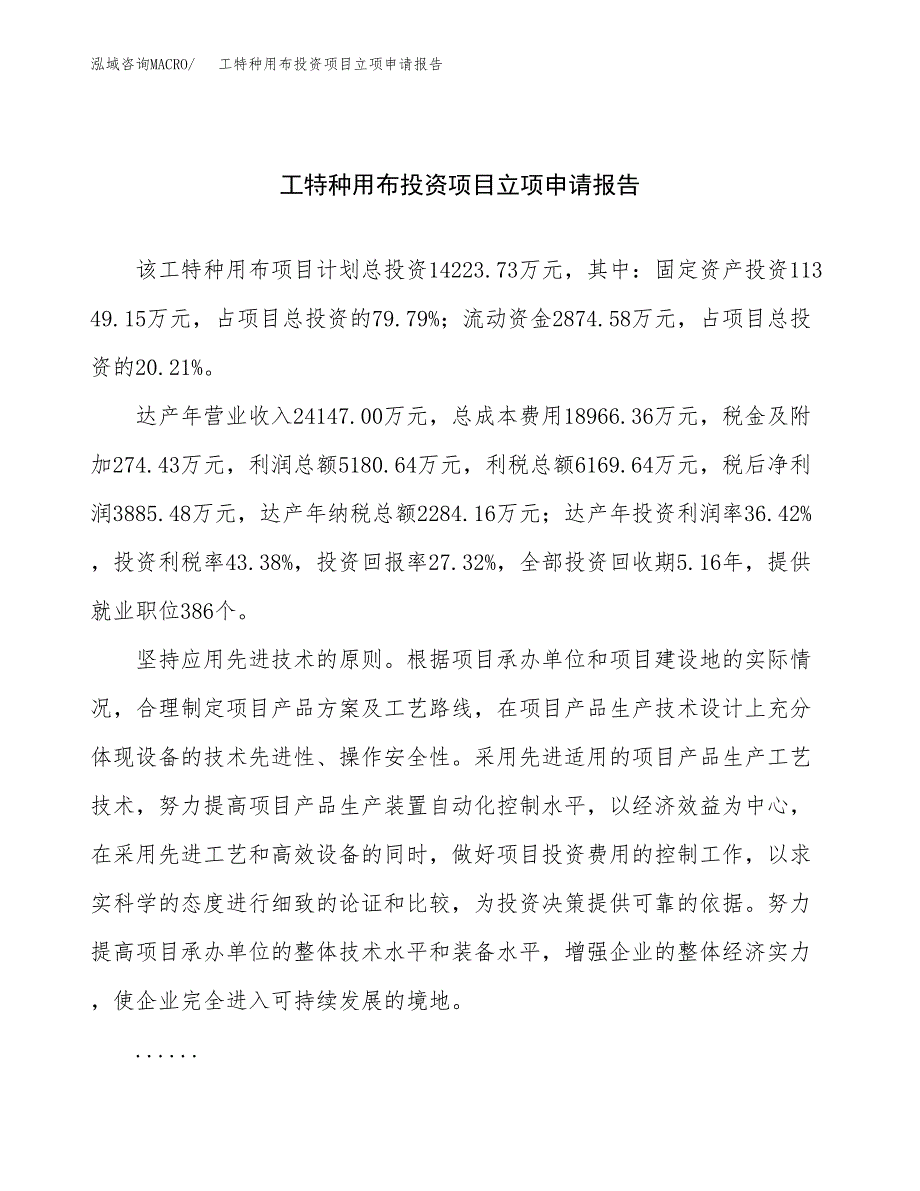 关于建设工特种用布投资项目立项申请报告.docx_第1页