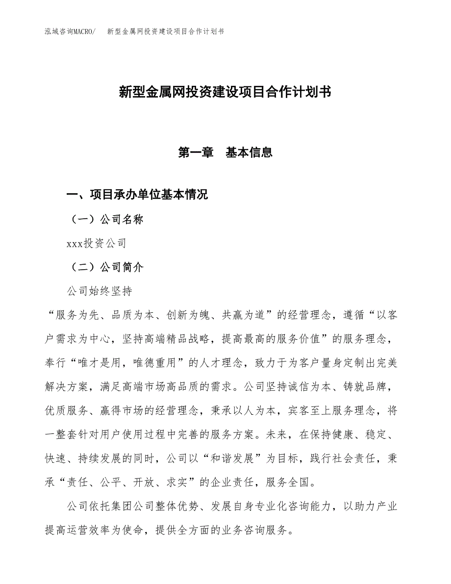 新型金属网投资建设项目合作计划书（样本）_第1页