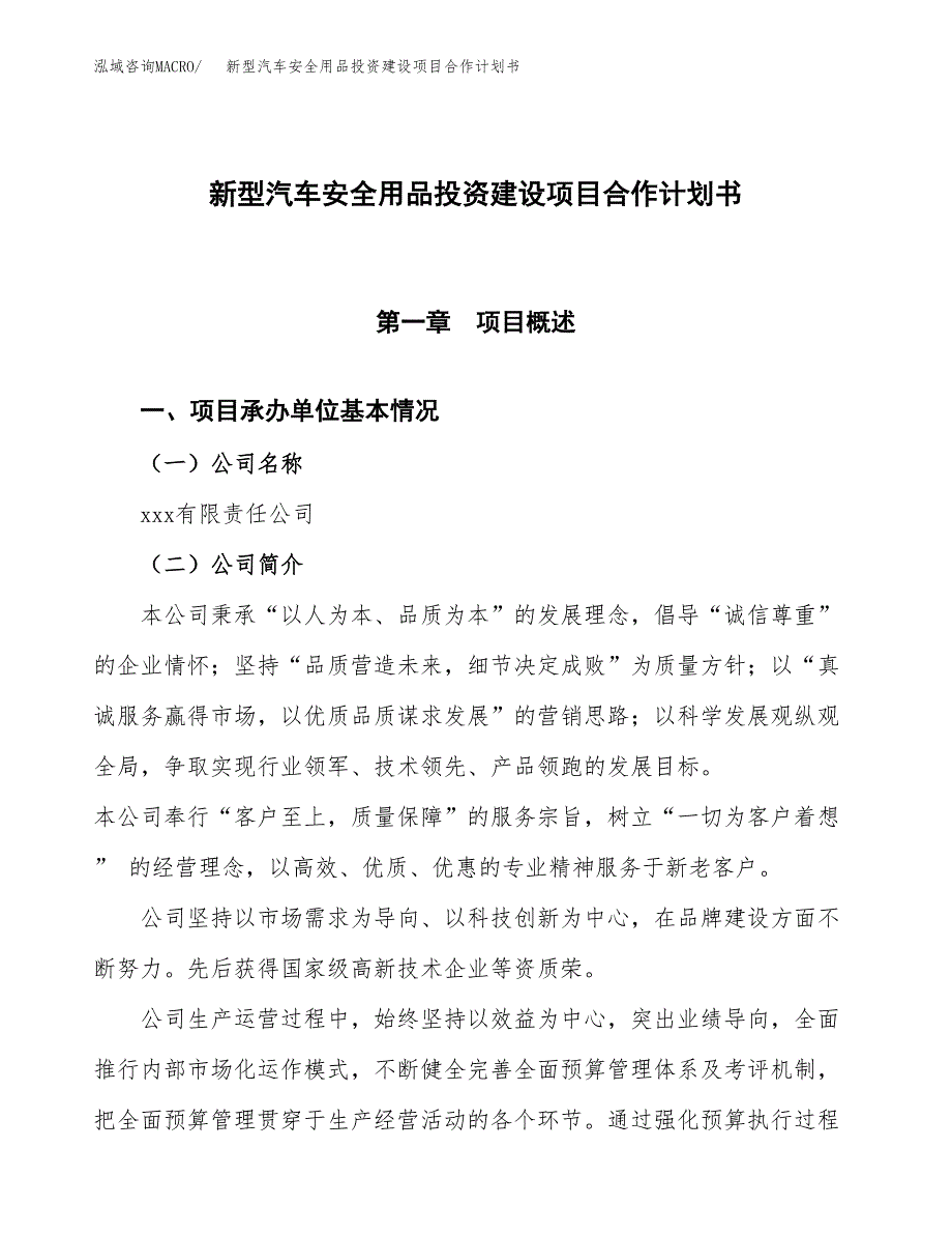 新型汽车安全用品投资建设项目合作计划书（样本）_第1页