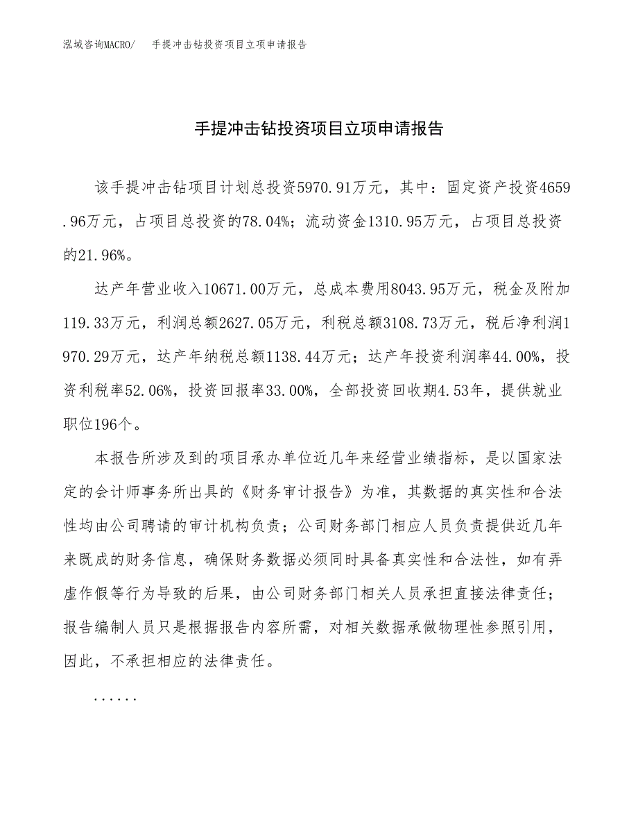 关于建设手提冲击钻投资项目立项申请报告.docx_第1页