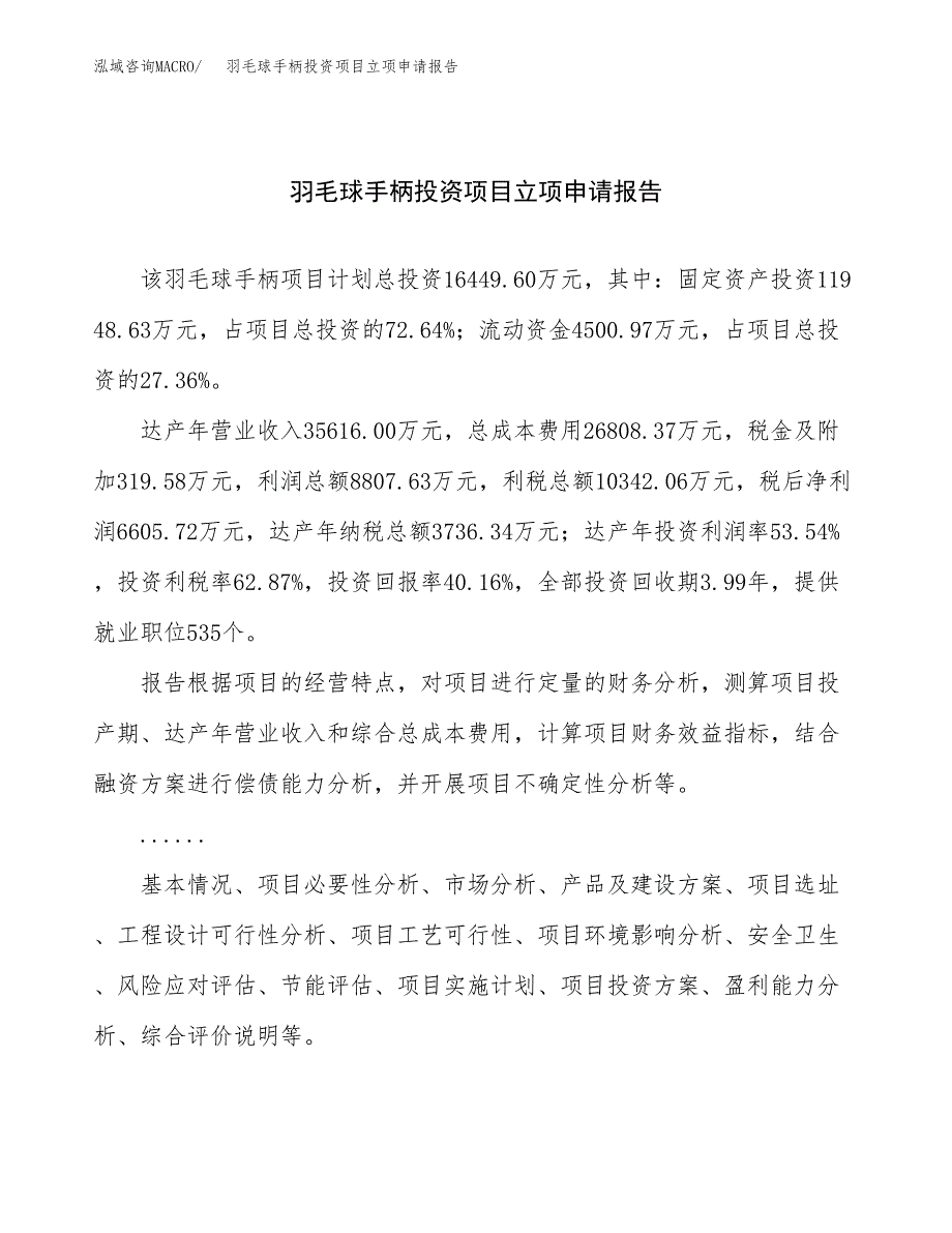 关于建设羽毛球手柄投资项目立项申请报告.docx_第1页