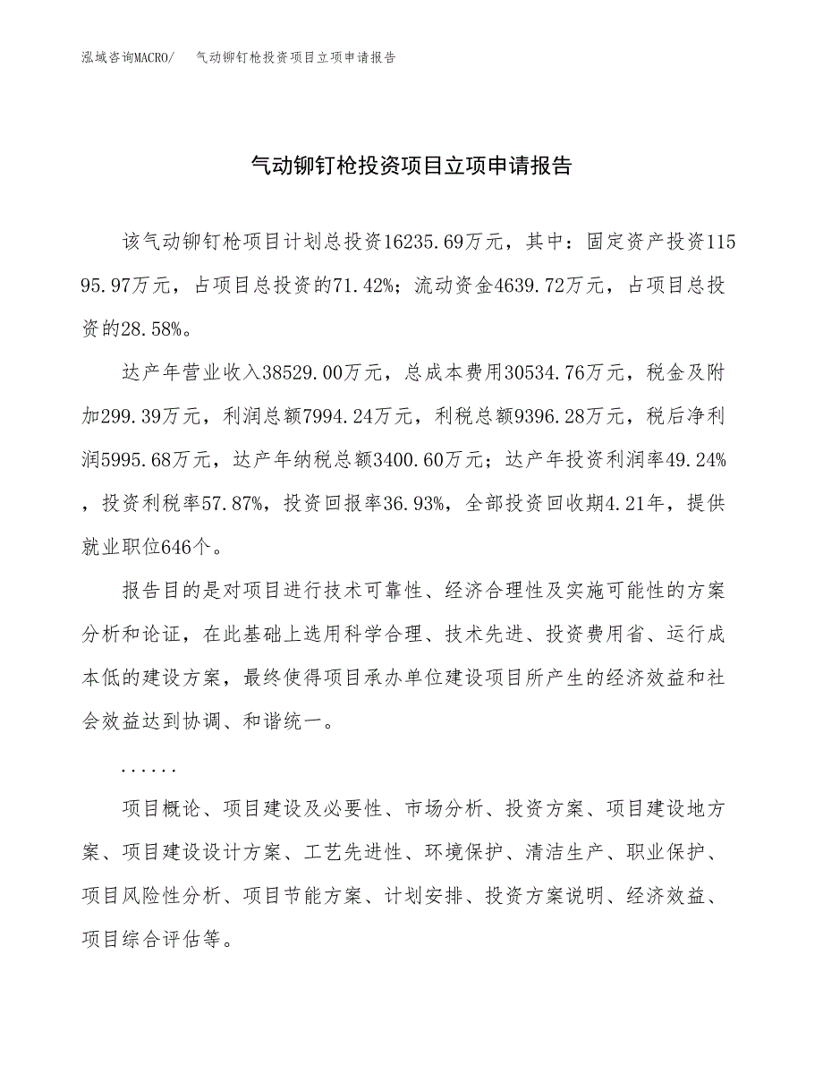 关于建设气动铆钉枪投资项目立项申请报告.docx_第1页