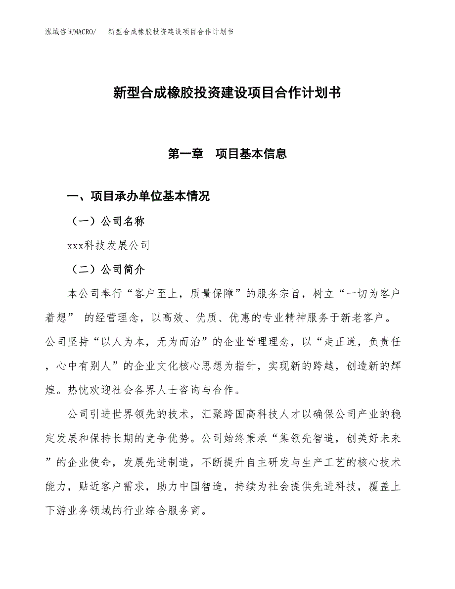 新型合成橡胶投资建设项目合作计划书（样本）_第1页