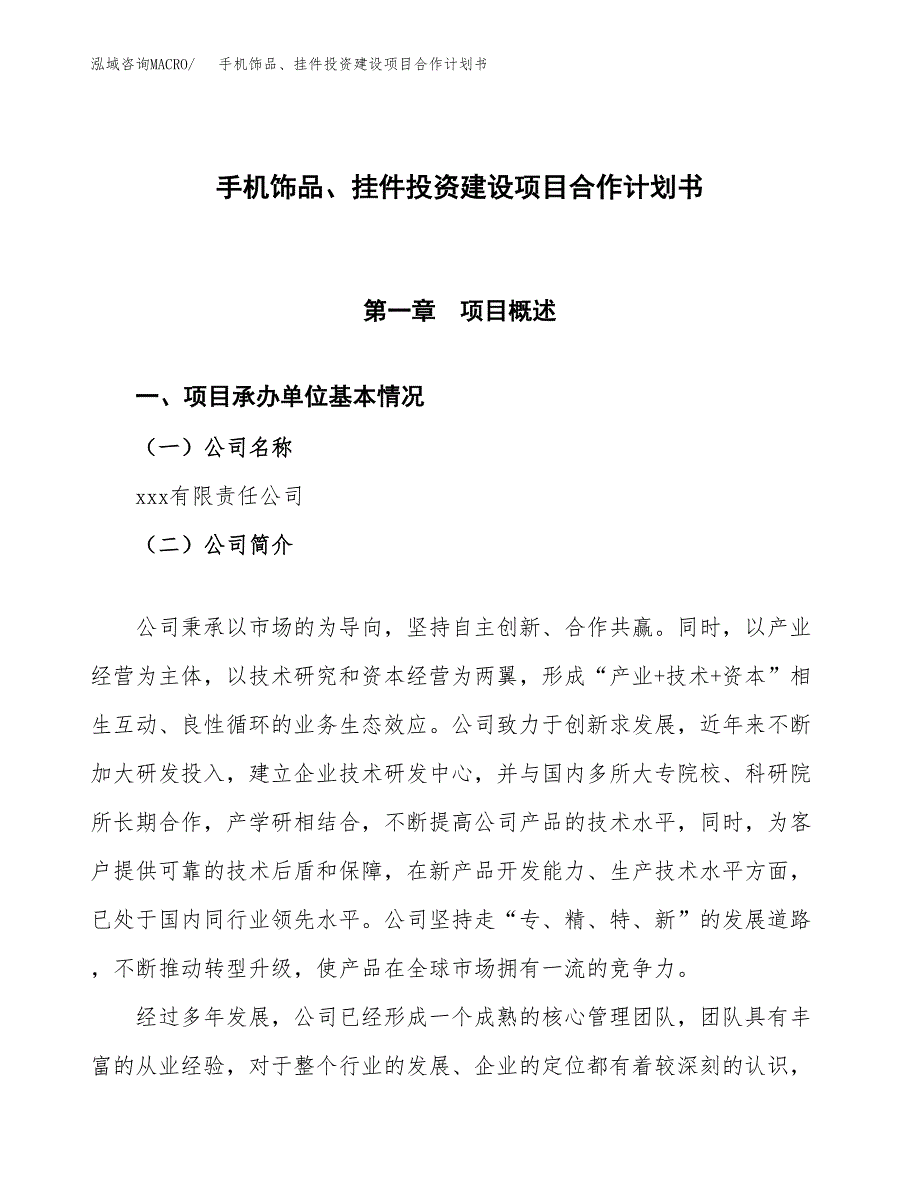 手机饰品、挂件投资建设项目合作计划书（样本）_第1页