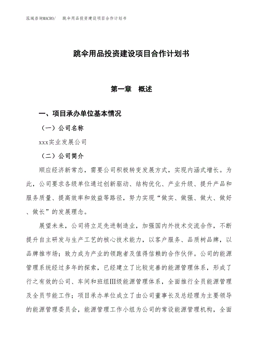 跳伞用品投资建设项目合作计划书（样本）_第1页