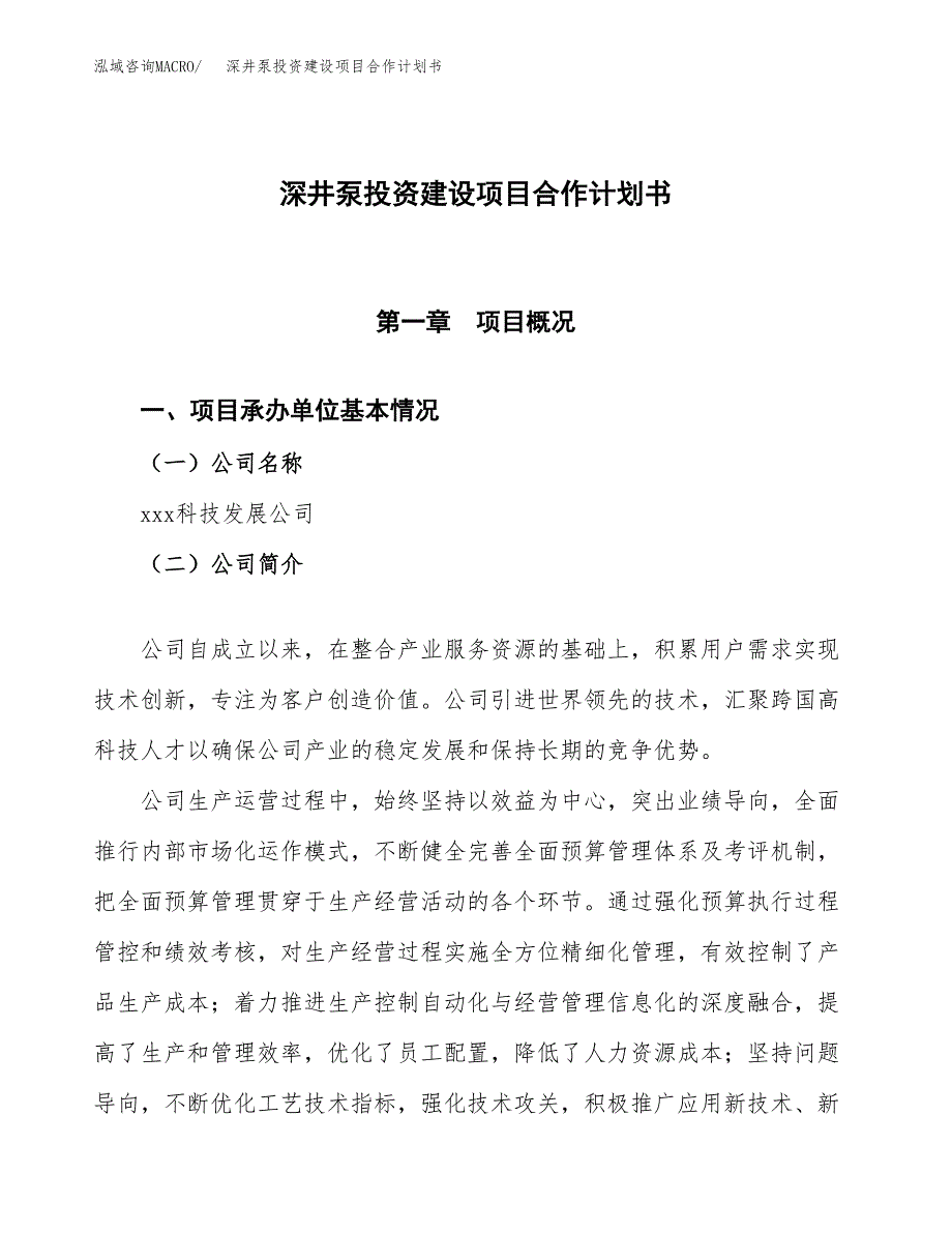 深井泵投资建设项目合作计划书（样本）_第1页