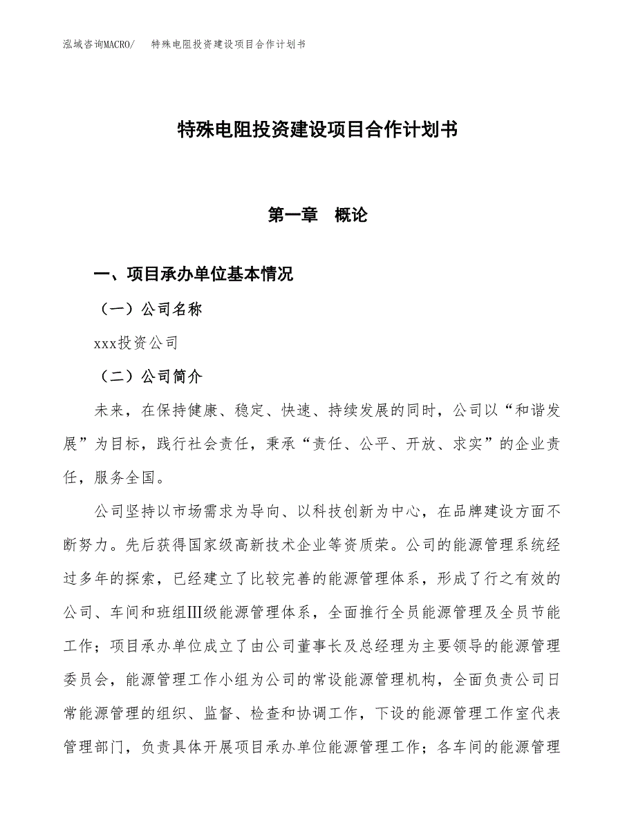 特殊电阻投资建设项目合作计划书（样本）_第1页