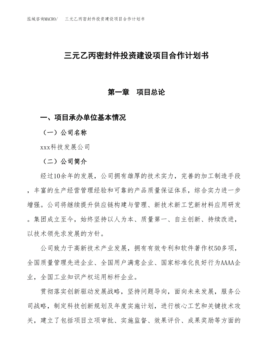 三元乙丙密封件投资建设项目合作计划书（样本）_第1页